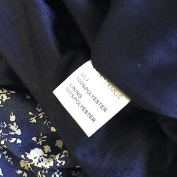 Navy blue white flower dress adjustable spherical strap mock wrap ruffles - Picture 7 of 7